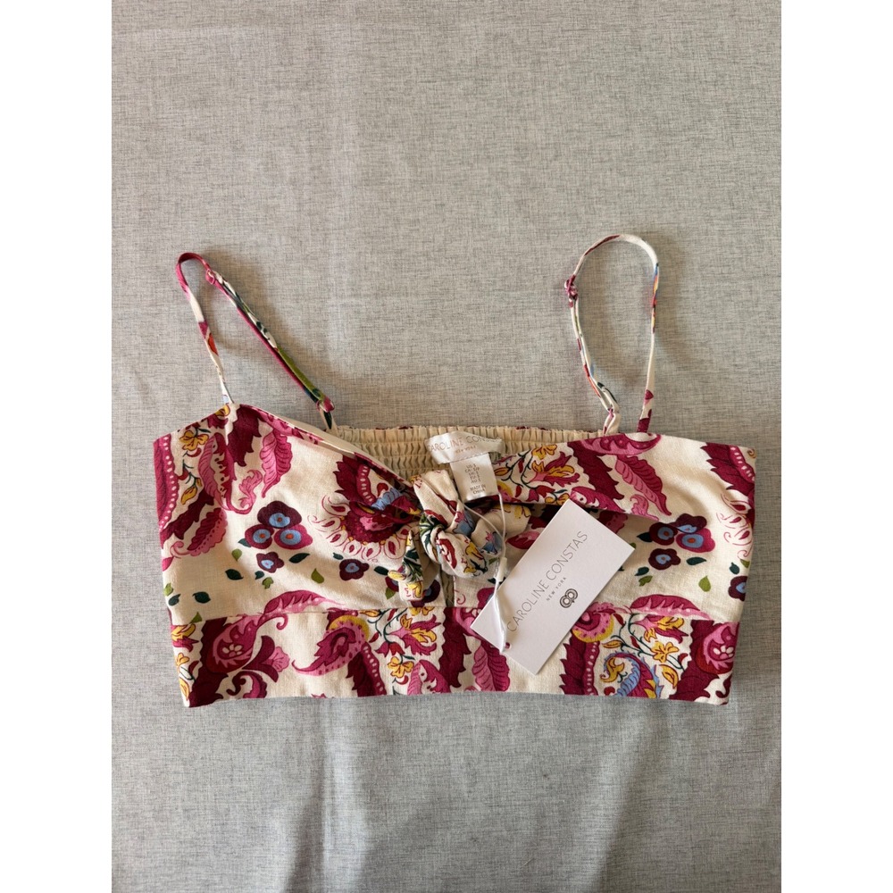 Caroline Constas Paisley Floral Linen Knot Front Smocked Crop Top Small NWT
